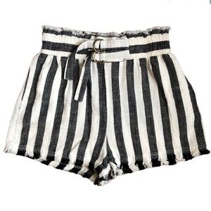 Umgee Linen Cotton High Rise Striped Shorts Paper Bag Waist Black White Small